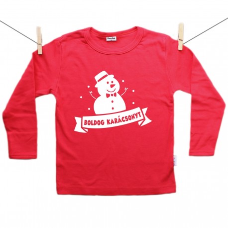 Piros hosszú ujjú póló Boldog Karácsonyt - Hóember