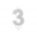 Születésnapi gyertya 3-as szám, ezüst, 7cm