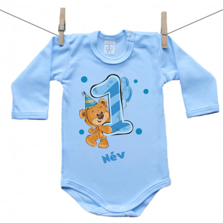 Kék hosszú ujjú body 1 éves vagyok mackóval fiúknak