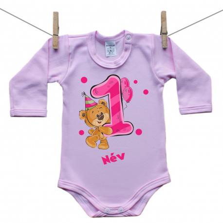 Rózsaszín hosszú ujjú body 1 éves vagyok mackóval lányoknak