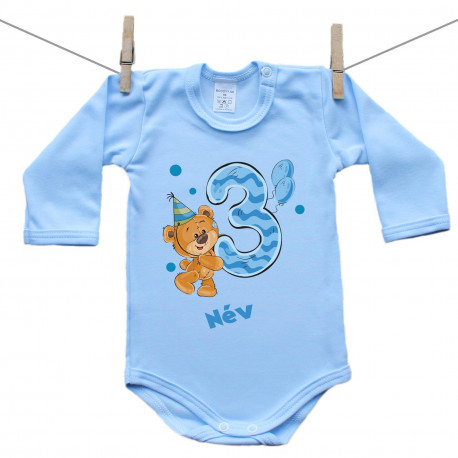 Kék hosszú ujjú body 3 éves vagyok mackóval fiúknak
