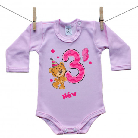 Rózsaszín hosszú ujjú body 3 éves vagyok mackóval lányoknak Rózsaszín hosszú ujjú body 3 éves vagyok mackóval lányoknak
