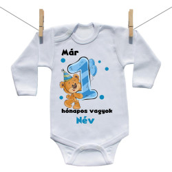 Hosszú ujjú body Már 1 hónapos vagyok macival és a baba nevével - kisfiú