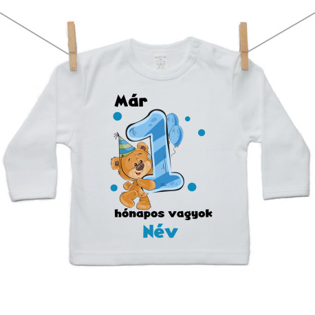 Hosszú ujjú póló Már 1 hónapos vagyok macival és a baba nevével - kisfiú Hosszú ujjú póló Már 1 hónapos vagyok macival és a baba nevével - kisfiú