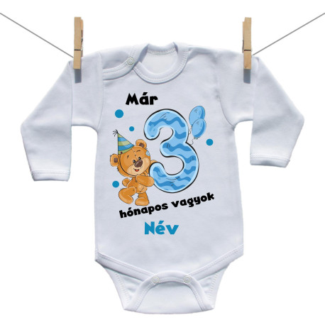 Hosszú ujjú body Már 3 hónapos vagyok macival és a baba nevével - Fiú Hosszú ujjú body Már 3 hónapos vagyok macival és a baba nevével - Fiú