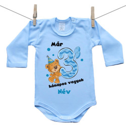 Kék hosszú ujjú body Már 3 hónapos vagyok macival és a baba nevével - Fiú